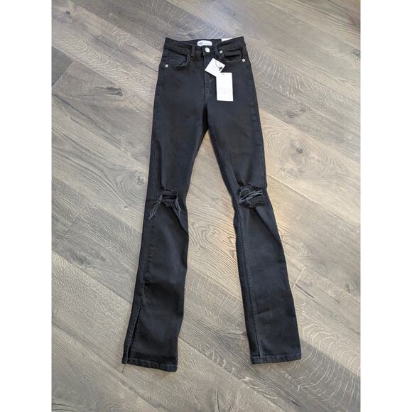 NWT Zara High Rise Skinny Split Jeans Distressed Sz 0 Black - Picture 1 of 7